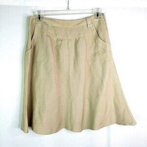 Sandro Studio Linen A-Line Linen Skirt Tan Khaki Women Size 10 Medium Belt Loops